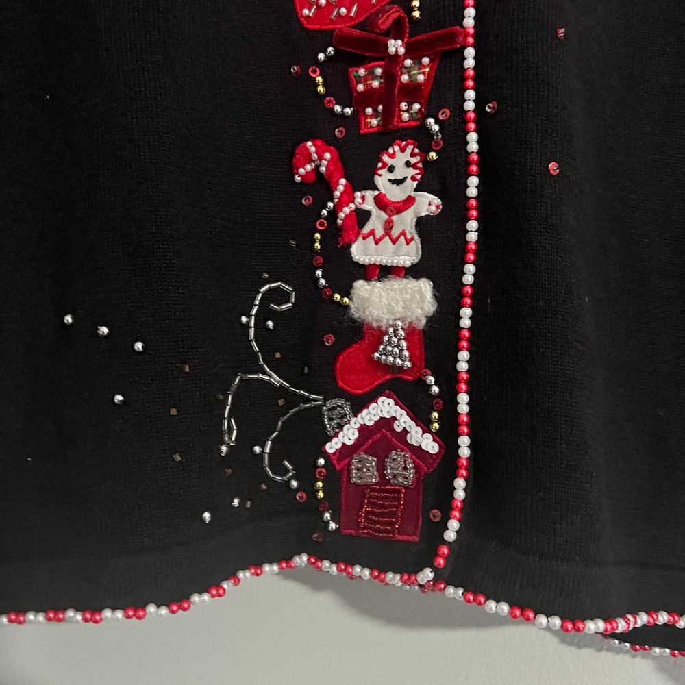 Just B Black Beaded Christmas Cardigan Sweater Large ugly holiday festive kitsch - Picture 5 of 16
